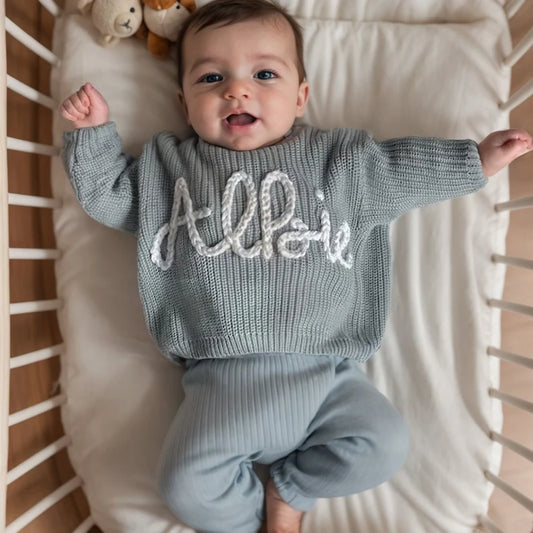 Cute Personalised Baby Sweater - Grey Blue - Bambini Bambini